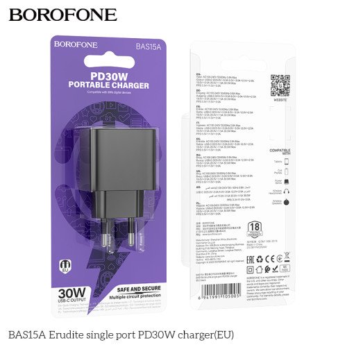 Borofone Φορτιστής Χωρίς Καλώδιο με Θύρα USB-C 30W Μαύρος (BAS15A)