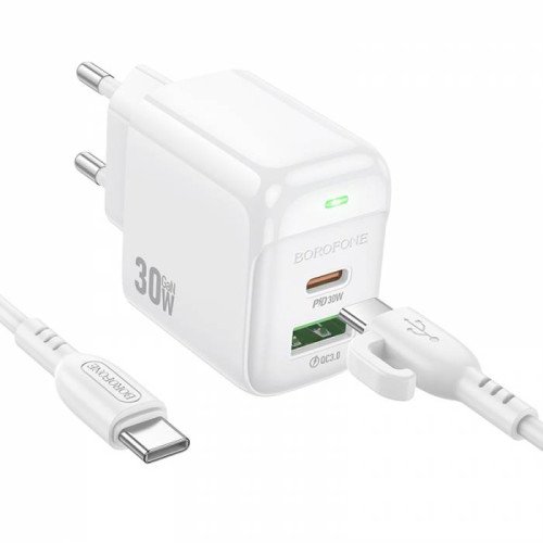 Borofone Φορτιστής με Θύρα USB-A και Θύρα USB-C και Καλώδιο USB-C - USB-C 30W Power Delivery / Quick Charge 3.0 Λευκός (BAS45A)