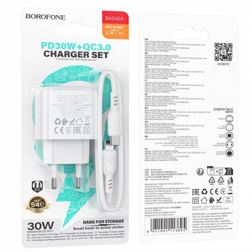 Borofone Φορτιστής με Θύρα USB-A και Θύρα USB-C και Καλώδιο USB-C - USB-C 30W Power Delivery / Quick Charge 3.0 Λευκός (BAS45A)