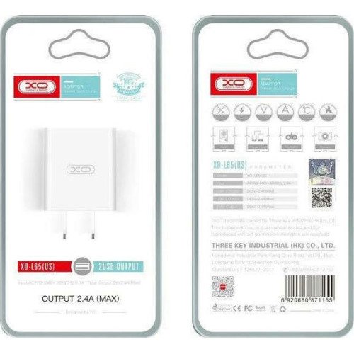 XO Φορτιστής Χωρίς Καλώδιο με 2 Θύρες USB-A Quick Charge 3.0 Λευκός (L65)