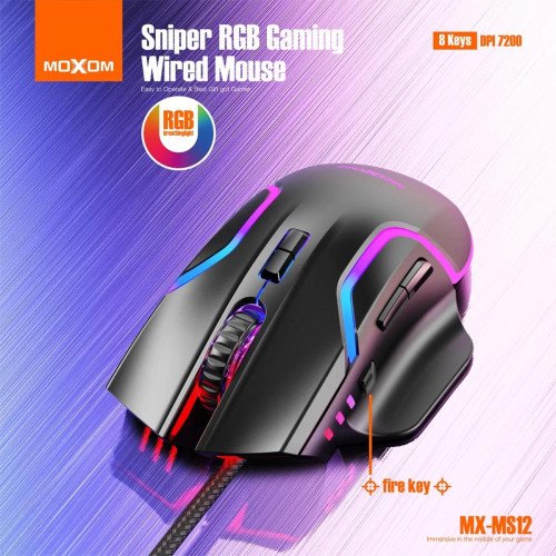 Moxom MX-MS12 RGB Ενσύρματο Gaming Ποντίκι 7200 DPI - Χρώμα: Μαύρο